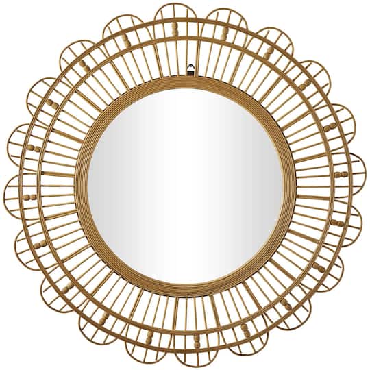 35" Brown Handmade Bamboo Woven Wall Mirror with Beaded Accents